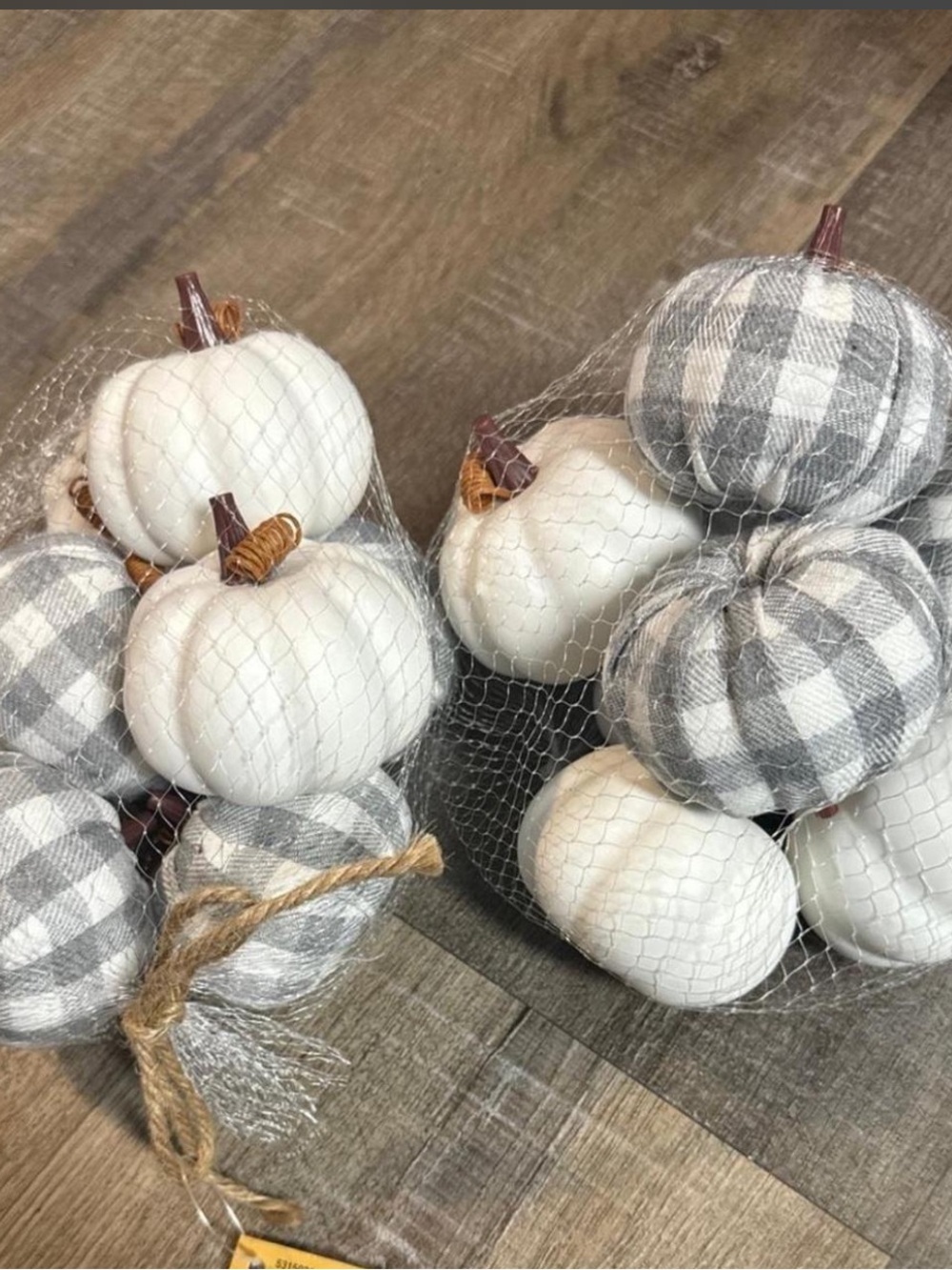 Neutral White & Gray Plaid Fabric Pumpkin Set - Holiday Decor